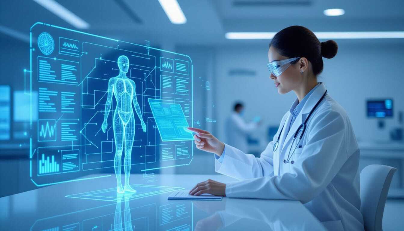 Doctor using augmented reality interface with a digital human body hologram and health data charts in a modern medical lab.